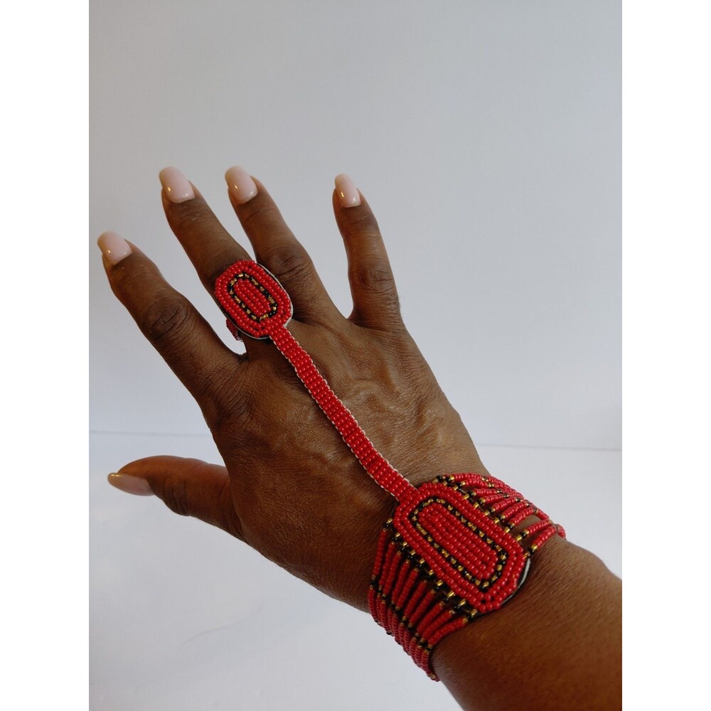 Kenyan Maasai Handmade Red/Black Beaded Bracelet/Ring Combination